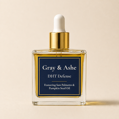 Gray & Ashe DHT Defense beard oil with saw palmetto and pumpkin seed oil in a clear glass dropper bottle
