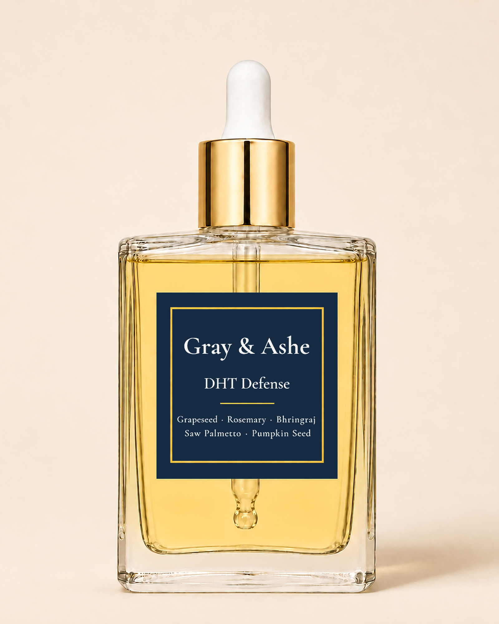 Gray & Ashe DHT Defense Hair Oil bottle on a warm cream background